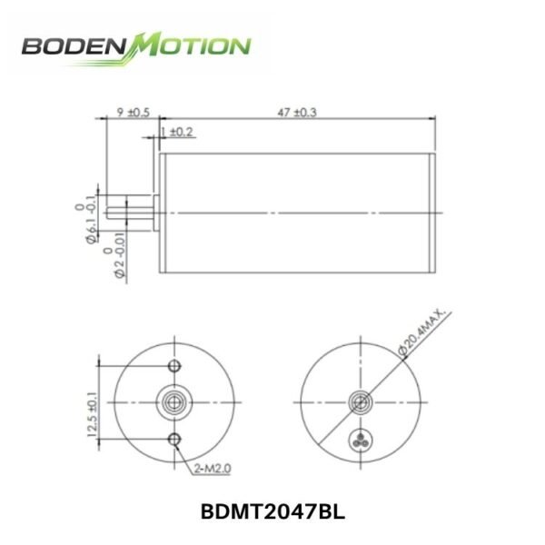 BLDC motor dimensional drawing with detailed shaft length and mounting dimensions BDMT2047BL compact motor design