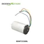 Compact brushless DC motor side view showing housing structure and shaft design BDMT2238BL
