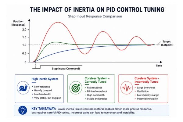 PID control tuning comparison graph showing high inertia response, correctly tuned coreless motor response, and unstable oscillation caused by incorrect tuning