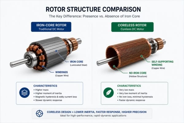 3D comparison between iron-core rotor and coreless rotor structures showing the absence of an iron core in coreless DC motors
