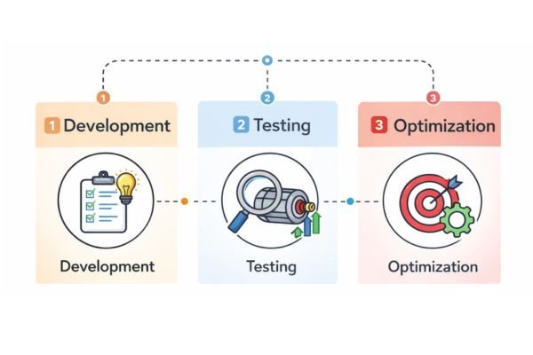 Technical team follow-up workflow graphic showing development testing and optimization for OEM motor projects
