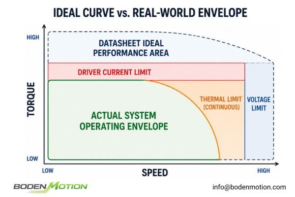 BLDC Motor Torque Derating Curve in a Real System Real-World BLDC Torque-Speed Derating Envelope showing how thermal limits, driver current, and voltage sag reduce the ideal operating area