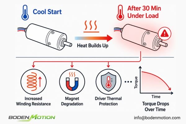 Motor Thermal Saturation Torque Loss Thermal image comparison of a motor at startup vs. after 30 minutes of load