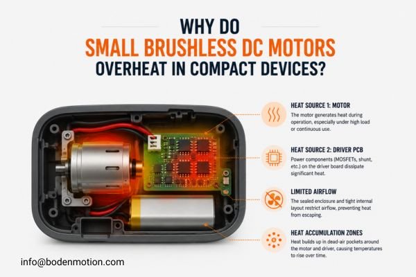 A cross-section of a compact OEM device highlighting heat accumulation zones around the motor and driver