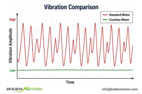 Graph comparing the high-frequency vibration of a standard motor against the smooth, low-vibration output of a coreless motor