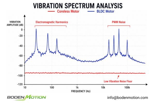 Vibration spectrum analysis chart comparing coreless and BLDC motors