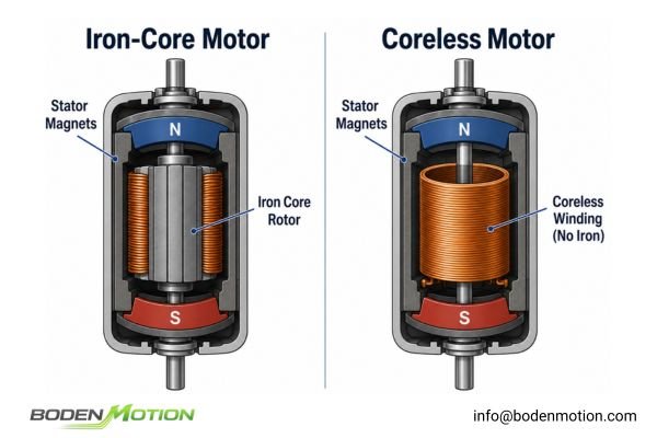Cutaway comparison showing a traditional iron-core motor versus a coreless motor with its self-supporting winding rotor