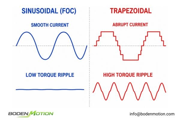 Chart contrasting a smooth sinusoidal current waveform with a trapezoidal one, showing the corresponding reduction in torque ripple and vibration