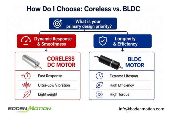 Decision-making chart for coreless vs BLDC motor selection