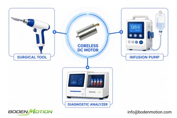 Montage of medical devices including a surgical tool, infusion pump, and diagnostic analyzer, all using compact coreless motors