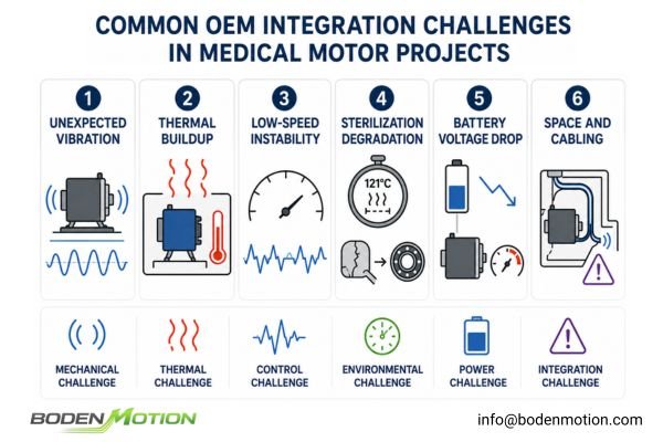 Illustration showing common medical OEM integration challenges like tight spaces, cable routing, and heat sinks