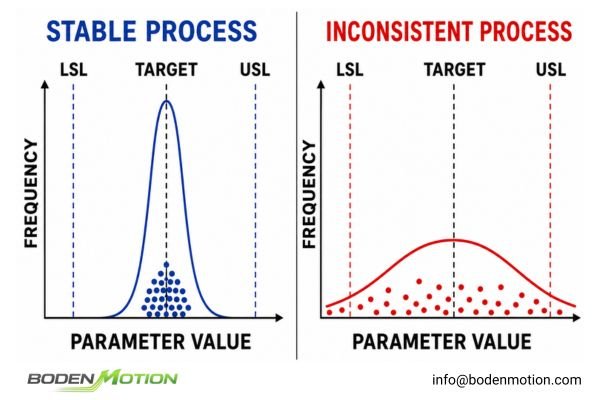 Comparison showing stable motor production batches versus inconsistent batches with visible variations