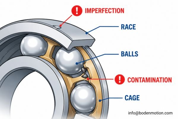 Cross-section of a motor bearing showing the balls, races, and potential sources of noise like contamination or brinelling