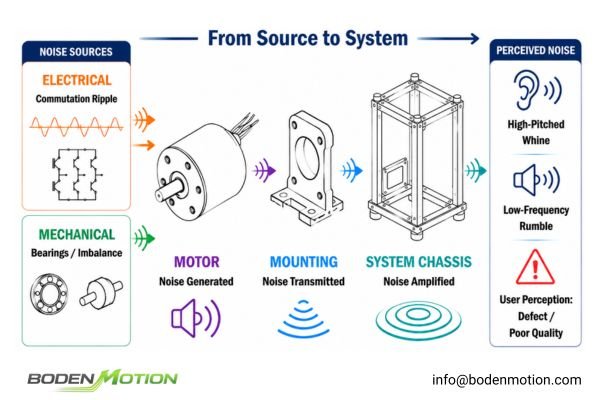 Diagram illustrating the propagation of noise from source (electrical ripple, bearings) through the motor structure and mounting to the system chassis