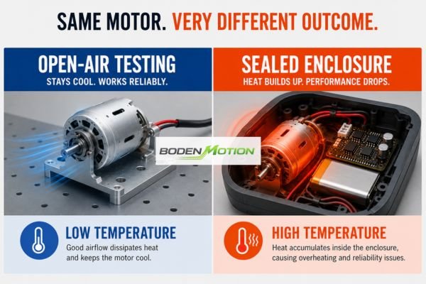 A comparison showing a cool motor in open-air testing versus the same motor overheating inside a sealed enclosure