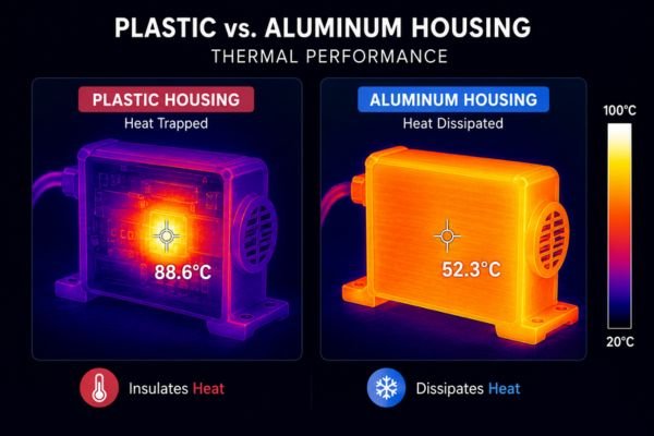 A thermal imaging comparison of a motor in a plastic housing versus an aluminum housing