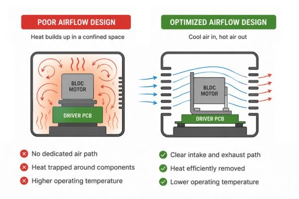 A comparison diagram showing an enclosure with poor airflow vs. one with an optimized airflow path