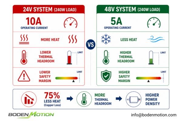 Thermal Performance of 48V vs 24V Motors Thermal imaging comparison showing a cooler 48V industrial motor system next to a hotter 24V system