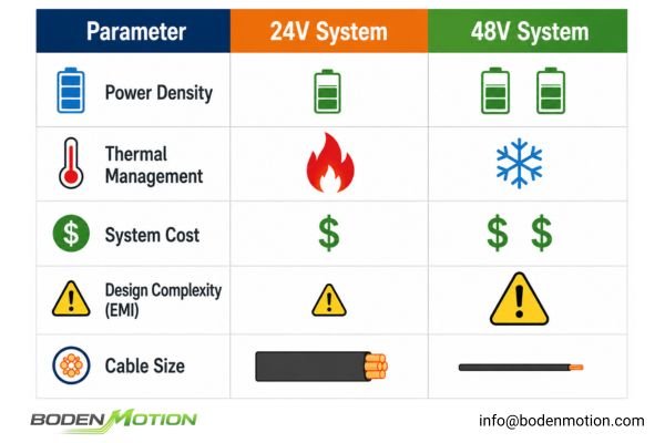 24V vs 48V Motor System Trade-offs Comparison table showing trade-offs between 24V and 48V motor systems
