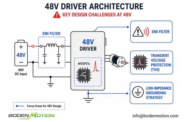 48V Motor Driver Architecture Industrial motor driver architecture diagram showing EMI filters, protection circuits, and grounding points