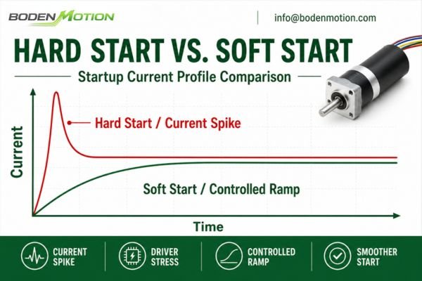A graph showing a smooth soft-start profile versus an aggressive hard-start with a current spike