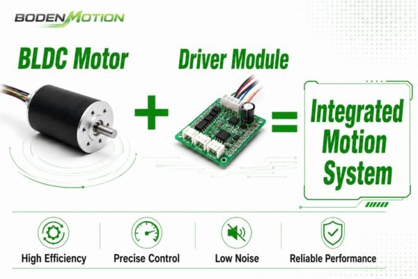 A brushless DC motor and its electronic driver module shown as an integrated system
