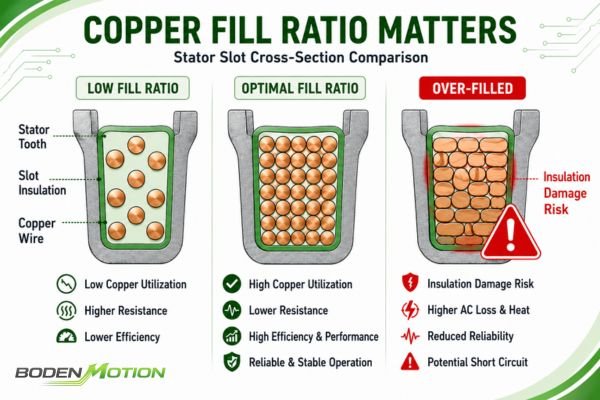 A cross-section of a motor stator slot showing different copper fill ratios and winding arrangements