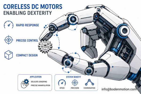 Coreless Motor in Robotic Dexterous Hand A humanoid robotic hand carefully manipulating a small, delicate gear component.