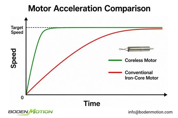 Comparison graph showing the faster acceleration curve of a coreless motor versus a conventional iron-core motor