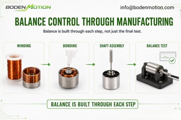 A collage of motor manufacturing steps including winding, gluing, and shaft assembly