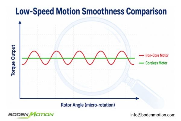 Low-speed motion smoothness comparison chart showing the smooth torque of a coreless motor versus the cogging ripple of an iron-core motor