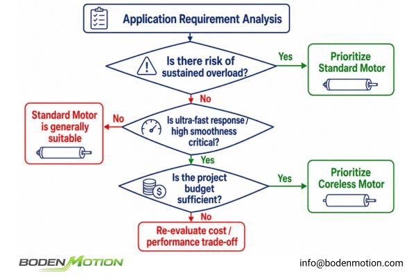 Coreless Motor Selection Flowchart A decision flowchart guiding an engineer on when to select a coreless motor for an OEM application