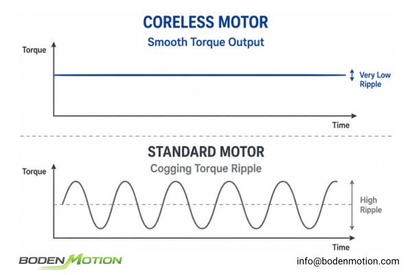 Motor Cogging Torque and Ripple Comparison A chart comparing the high torque ripple of a standard motor with the smooth torque delivery of a coreless motor