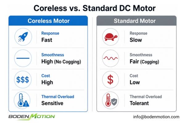 Coreless vs Standard DC Motor Trade-Offs A visual comparison table showing the trade-offs between coreless and standard DC motors