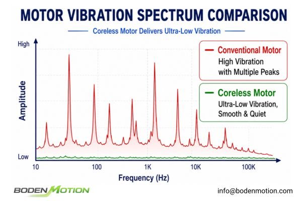 Vibration comparison chart showing the low vibration signature of a coreless motor versus other motor technologies