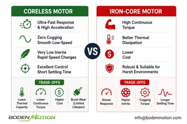 Table comparing the trade-offs of coreless versus conventional brushed DC motors