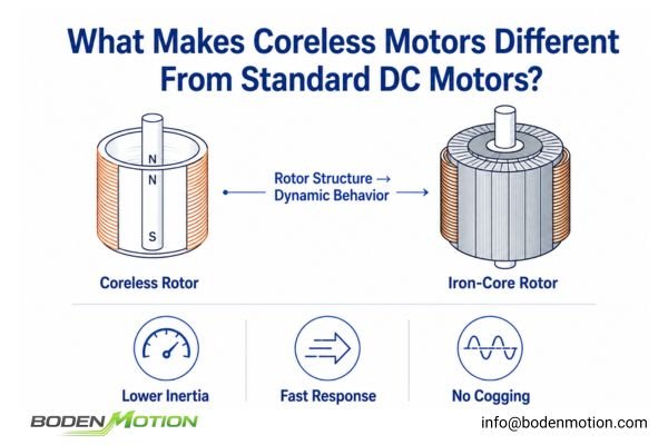 Coreless motor and standard DC motor rotor structure comparison showing lower inertia, fast response, and no cogging