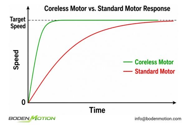 Motor Acceleration Response Curve Comparison A graph comparing the steep acceleration curve of a coreless motor to the slower curve of a standard DC motor