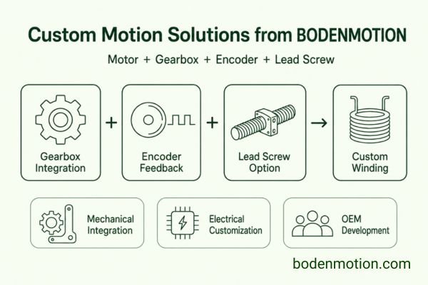 A custom integrated motion module from BODENMOTION with motor, gearbox, and encoder