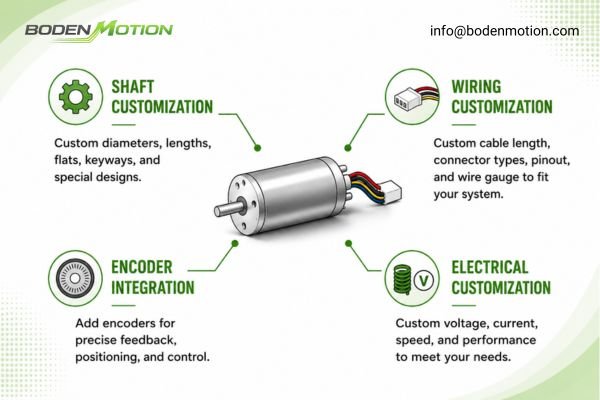 Common Motor Customization Options A diagram showcasing various motor customization options like shaft, wiring, and encoder integration