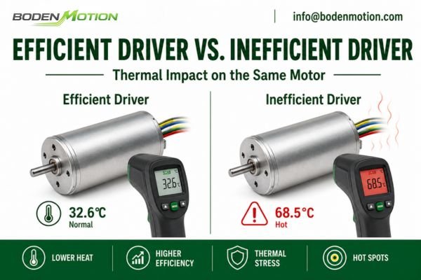 A thermal image comparison of the same motor running hotter with an inefficient driver versus cooler with an efficient driver