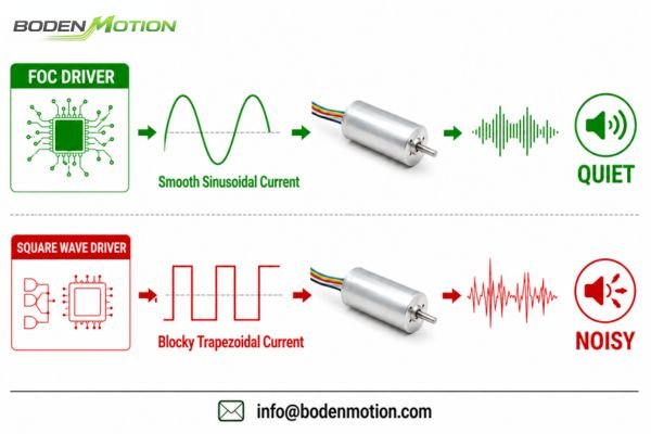A diagram comparing a smooth sinusoidal current waveform from an FOC driver to a blocky trapezoidal waveform