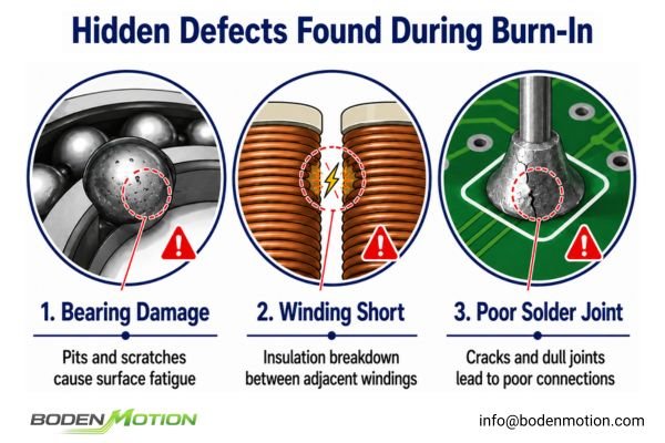 Collage of motor defects like bearing damage and winding shorts found during burn-in testing