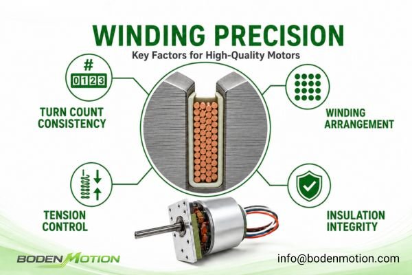 A diagram illustrating key factors of motor winding precision like turn count and arrangement