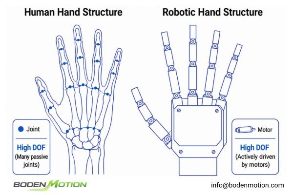 Robotic Hand Motion Complexity A side-by-side comparison diagram showing the complex joint structure of a human hand versus a robotic dexterous hand.