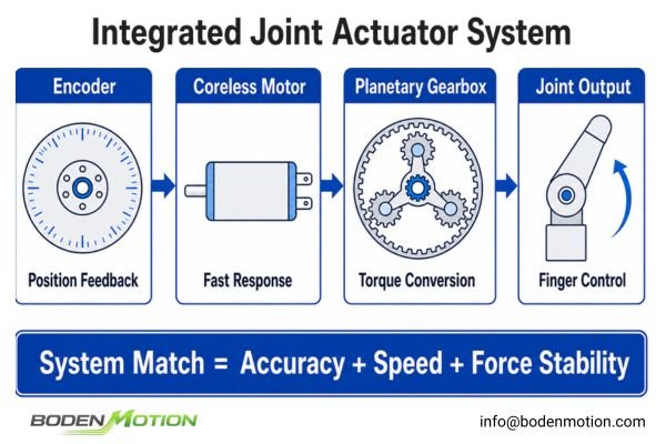 Robotic Hand Actuator System Architecture A system architecture diagram showing a coreless motor connected to a planetary gearbox, with a high-resolution encoder mounted at the rear.