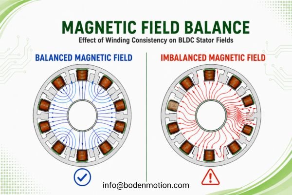 A comparison diagram showing a balanced versus an unbalanced magnetic field in a BLDC motor stator