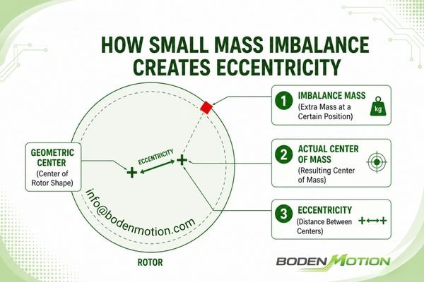 A diagram illustrating how a small mass imbalance creates an eccentric center of gravity on a rotor