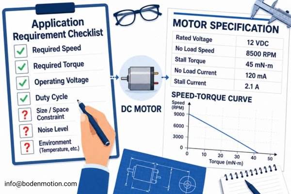OEM Motor Application Requirements OEM engineer reviewing small DC motor specifications and application requirement checklist