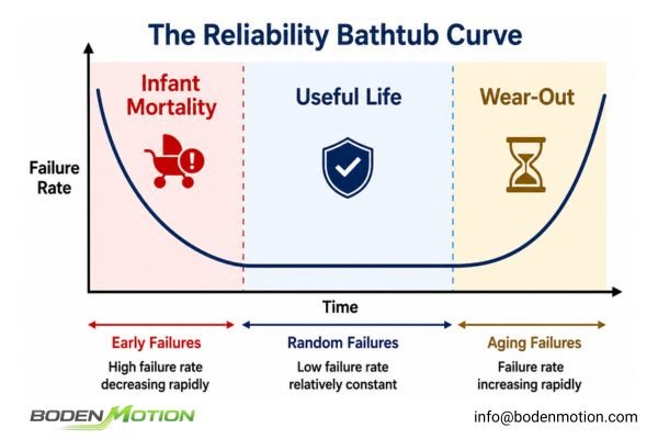 The reliability bathtub curve highlighting the high failure rate in the infant mortality phase